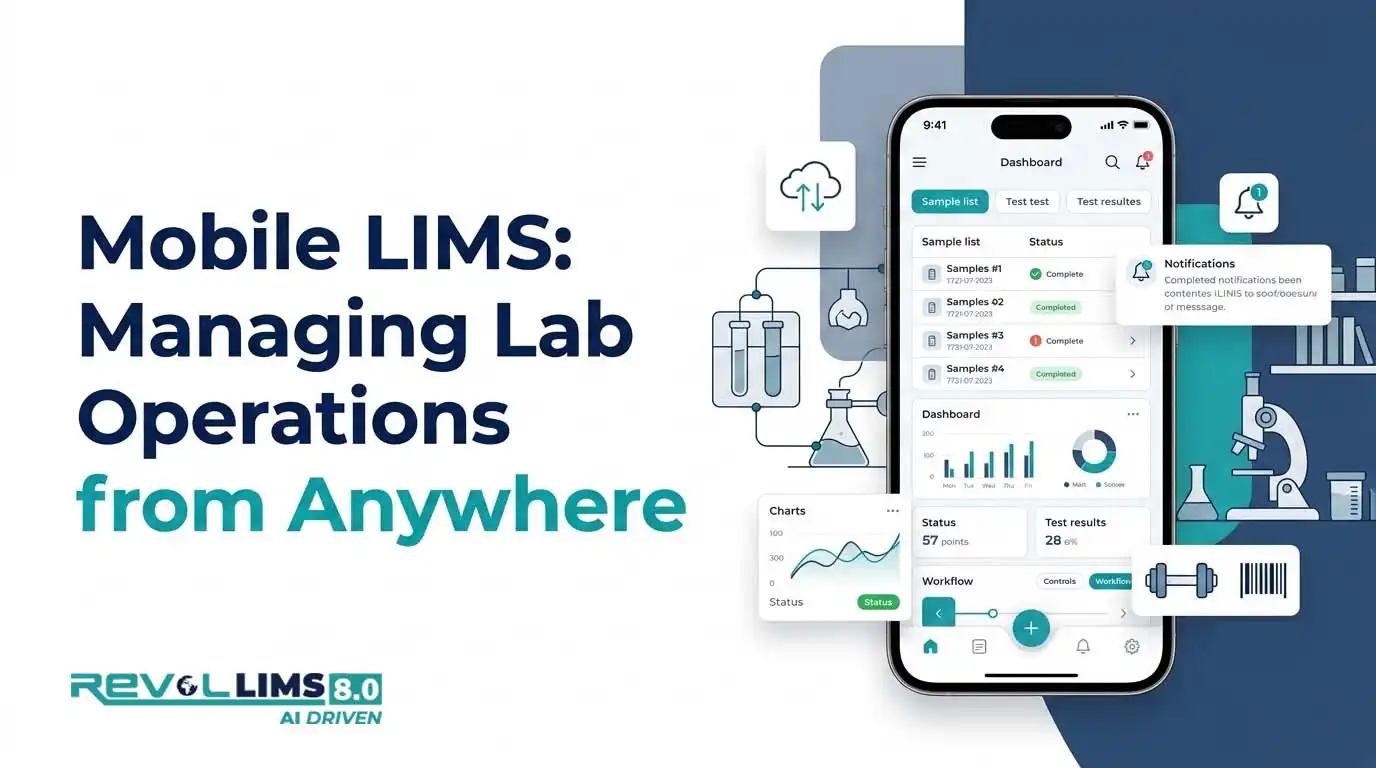Banner featuring the Revol LIMS mobile application with the headline 'Mobile LIMS: Managing Lab Operations from Anywhere.' A smartphone displaying the Revol LIMS login screen is centered, surrounded by dashboard analytics, AI assistant, sample tracking barcode, notifications, cloud connectivity, and laboratory icons, highlighting mobile access, real-time monitoring, and digital laboratory management.